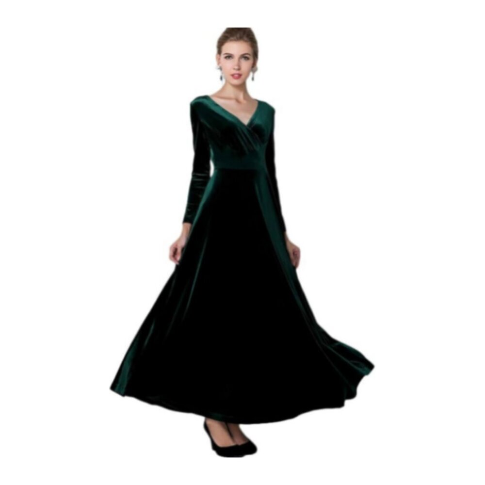 Urban CoCo Women Long Sleeve V-Neck Velvety Stretch Long Dress